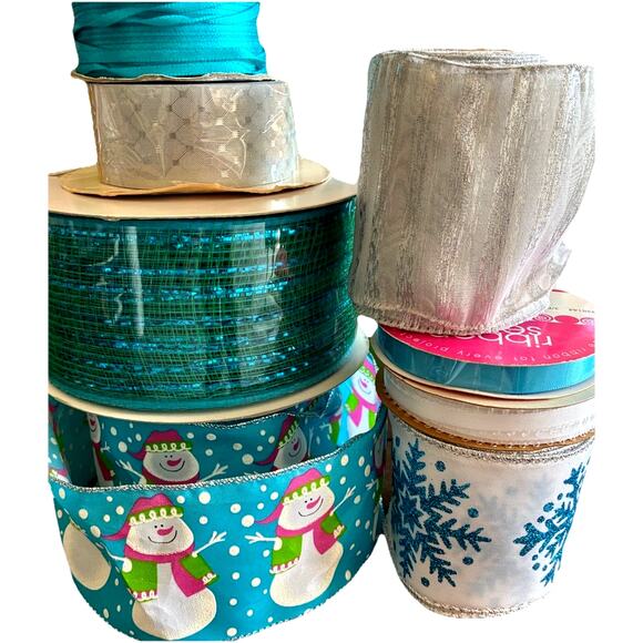 Lot of 8 Blue & Silver Decorative Holiday Ribbons Snowman Glitter Foil Wired VTG - Picture 1 of 12